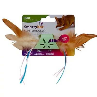 Smartykat Flutter Roller Rolling Wheelie with Feathers & Ribbon Cat Chase Toy